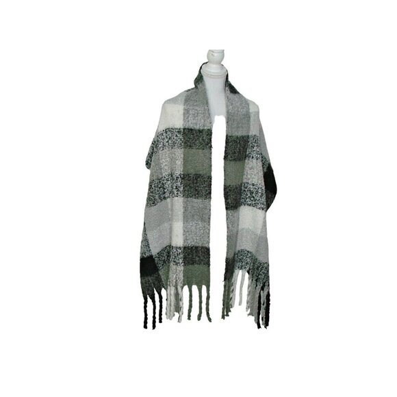 Womens Soft Chunky Warm Scarf Wrap Knit Fringe Black White Gray Plaid Lg 59x17" - Picture 6 of 12